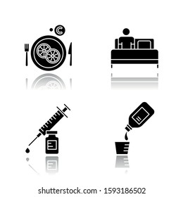 Common cold drop shadow black glyph icons set. Vitamin C. Citrus on plate. Bed rest and relaxation. Vaccination, immunization. Cough syrup. Pharmacy, medicine. Isolated vector illustrations