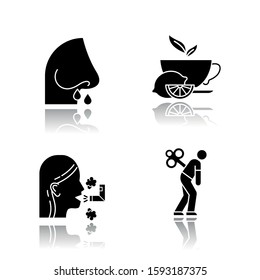 Common cold drop shadow black glyph icons set. Drip nose. Cup with lemon tea. Respiratoral inhalation. Fatigue. Healthcare. Disease aid. Overworked and tired. Isolated vector illustrations