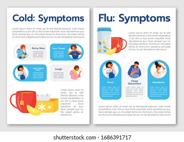 Plantilla de folleto sobre los síntomas comunes del virus de la gripe y el virus de la gripe vectorial plana. Volante, folleto, diseño de folleto imprimible. Página de la revista, informes anuales de caricaturas, afiches infográficos con espacio de texto