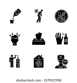 Common cold glyph icons set. Cough syrup. Fatigue. Avoid contact. Headache. Disposable wipes. Antiseptic. Drink water. Ventilation. Doctor visit. Silhouette symbols. Vector isolated illustration