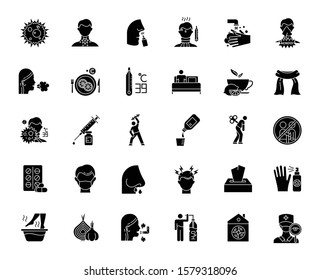 Common cold glyph icons set. Influenza virus treatment. Flu, grippe symptoms. Disease cure, illness aid. Cough, sore throat. Vaccination. Headache. Silhouette symbols. Vector isolated illustration
