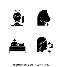 Common cold glyph icons set. Fever and high temperature. Drip nose. Nasal sickness. Bed rest. Inhalation. Healthcare and medicine. Influenza virus. Silhouette symbols. Vector isolated illustration