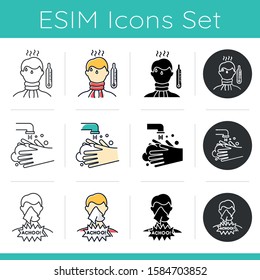 Common Cold Icons Set. High Temperature. Fever, Disease. Rinse Hands To Disinfect. Man Coughing. Healthcare. Hygiene. Flat Design, Linear, Black And Color Styles. Isolated Vector Illustrations