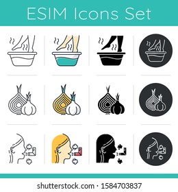 Common cold icons set. Hot foot bath. Onion and garlic. Inhalation. Influenza virus cure. Disease aid. Healthcare. Flat design, linear, black and color styles. Isolated vector illustrations