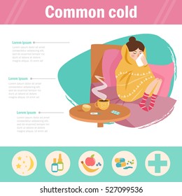 Common cold. Infographics, the flu. Woman on sick leave. Vector. Cartoon. Isolated. Flat. Illustration for websites, brochures, magazines. Medicine