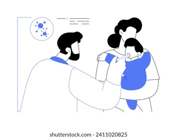 Common cold in kids abstract concept vector illustration. Child with cold in mothers arms at doctors appointment, medicine industry, pediatric diseases, common kids illness abstract metaphor.