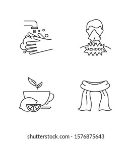 Common cold linear icons set. Rinse hands. Hygiene. Man cough. Lemon tea. Neck scarf. Healthcare. Antioxidant drink. Thin line contour symbols. Isolated vector outline illustrations. Editable stroke