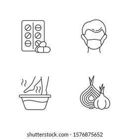 Common cold linear icons set. Pills and medication. Protection mask. Hot foot tub. Onion and garlic. Healthcare. Thin line contour symbols. Isolated vector outline illustrations. Editable stroke
