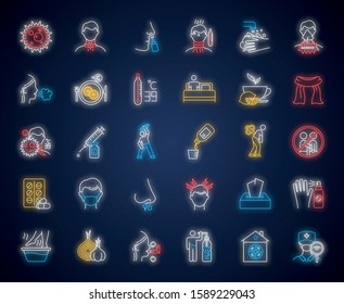 Common cold neon light icons set. Influenza virus treatment. Flu, grippe symptoms. Disease cure, illness aid. Cough, sore throat. Vaccination. Headache. Glowing signs. Vector isolated illustrations