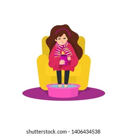 Common cold, sick girl in scarf, woman with a thermometer, girl sitting in armchair with blanket, woman taking a warming foot bath, hot tea