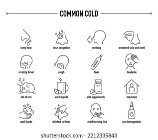 Common Cold Symptoms Treatment And Prevention Icon Set. Line Editable Medical Icons.