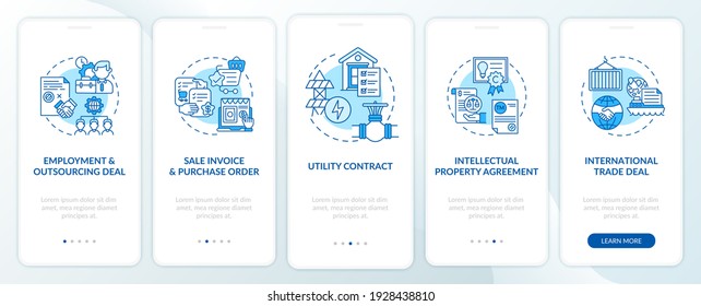 Common commercial contracts types onboarding mobile app page screen with concepts. Sale invoice walkthrough 5 steps graphic instructions. UI vector template with RGB color illustrations