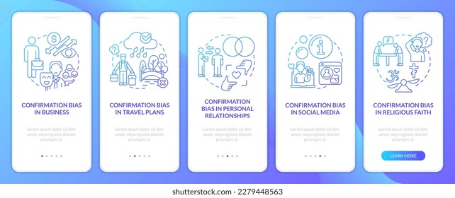 Common confirmation biases blue gradient onboarding mobile app screen. Walkthrough 5 steps graphic instructions with linear concepts. UI, UX, GUI template. Myriad Pro-Bold, Regular fonts used