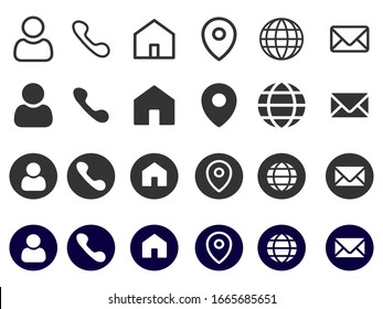 Common Contact Icons List And Different Surfaces Of Them. Cell Phone, Web, Mail, Contact, Vector Design