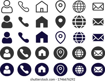 Common Contact Icons List And Different Surfaces Of Them. Cell Phone, Web, Mail, Contact, Vector Design