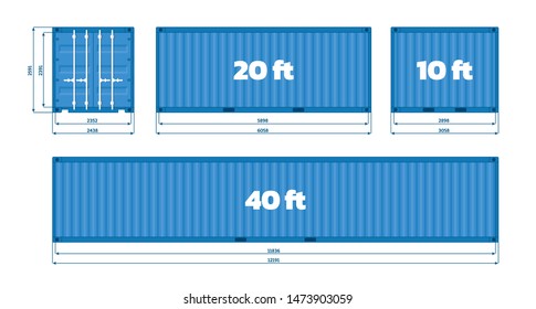 Common container sizes. Standart ISO sizes  10', 20', 40'. Storage Shipping Container isolated. Blue cargo container front, side view. Vector illustration on white background.