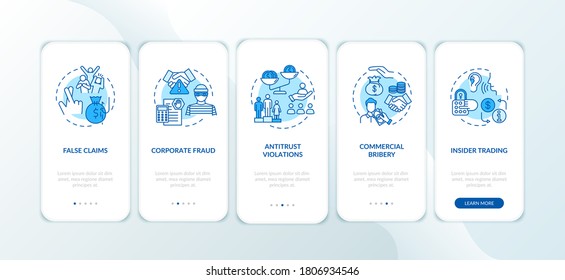 Common Corporate Crimes Onboarding Mobile App Page Screen With Concepts. False Claim Acts. Walkthrough 5 Steps Graphic Instructions. UI Vector Template With RGB Color Illustrations