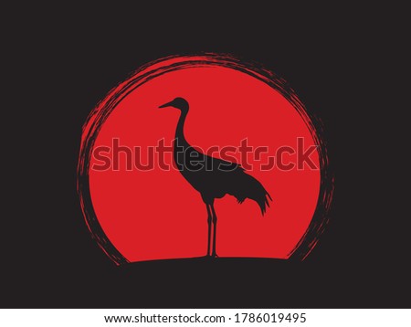 Common crane silhouette. Figure bird on sunset background.
