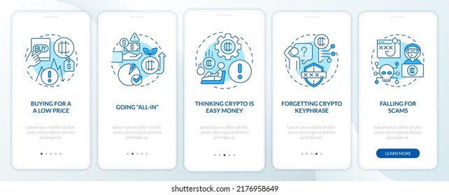 Common crypto mistakes blue onboarding mobile app screen. Risks walkthrough 5 steps editable graphic instructions with linear concepts. UI, UX, GUI template. Myriad Pro-Bold, Regular fonts used