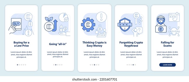 Common crypto mistakes light blue onboarding mobile app screen. Walkthrough 5 steps editable graphic instructions with linear concepts. UI, UX, GUI template. Myriad Pro-Bold, Regular fonts used