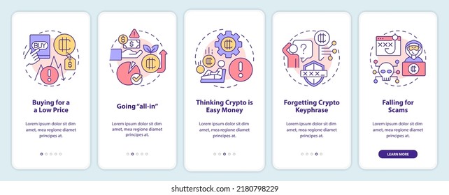 Common crypto mistakes onboarding mobile app screen. Beginner fails walkthrough 5 steps editable graphic instructions with linear concepts. UI, UX, GUI template. Myriad Pro-Bold, Regular fonts used