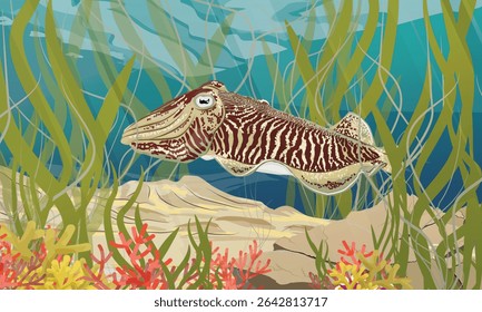 Um choco comum nada ao longo do fundo do mar com algas e corais. Paisagem vetorial realista