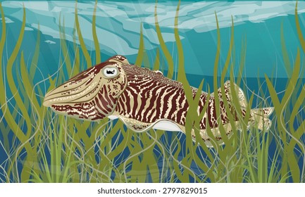 Common cuttlefish vector illustration. Sepia officinalis character swimming underwater among dense sea grass. Marine wildlife ocean bottom nature landscape scene with cephalopod mollusk