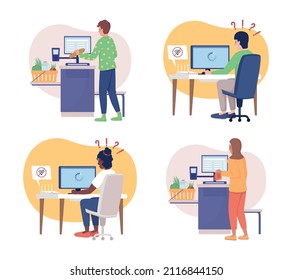 Common daily situations 2D vector isolated illustration set. No wifi signal on computer. Man and woman doing chores flat characters on cartoon background. Everyday activity colourful scene collection