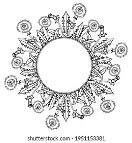 Common dandelion in sketch style, medicinal plant. Taraxacum officinale hand drawn doodle illustration. Frame or border.