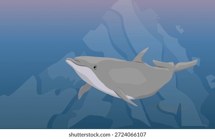 Common dolphin swim in dark warm sea water. Realistic vector underwater landscape