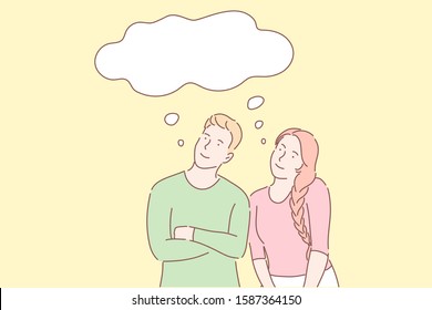 Common dreams, similar thoughts, sharing views concept. Happy family couple having same plans. Daydreaming metaphor. Boyfriend and girlfriend total understanding. Simple flat vector