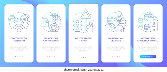Gemeinsame Fahrsicherheitsvorschriften für blaue Farbverläufe auf einem mobilen App-Bildschirm. 5-stufige grafische Anleitungen mit linearen Konzepten. UI, UX, GUI-Vorlage. Myriad Pro-kühne, Standardschriftarten verwendet