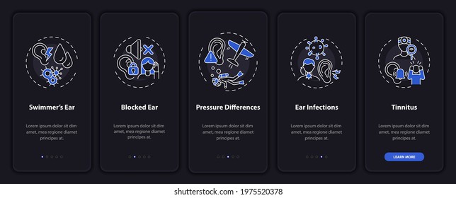 Common ear conditions onboarding mobile app page screen with concepts. Infections, tinnitus walkthrough 5 steps graphic instructions. UI, UX, GUI vector template with linear night mode illustrations