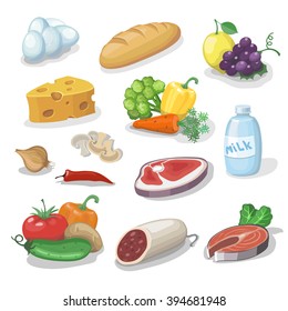 Common everyday food products. Cartoon icons set  provision, cheese and fish, sausage, milk, bread vector illustration