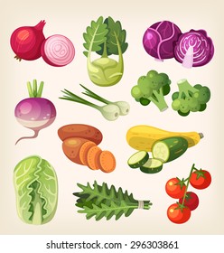 Common and exotic grocery, garden and field vegetables. Icons for labels and packages or for kid's education.