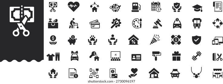 Allgemeine Kosten Symbole setzen Vektorgrafik mit Sammlung von Versorgungsunternehmen Miete Rechnungen Steuern Kraftstoff Lebensmittel Versicherung Transport sparen Zahlung Belehrung Medizin Geschenk Einkaufen