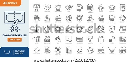 Common Expenses line editable icon set. Containing icons related to common monthly expenses. Editable stroke. Vector illustration