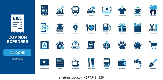 Common Expenses Solid Icon Set containing bill receipt budget growth bus fare car expense cash payment clothing coffee dental digital education electric food fuel cost gift grocery basket grooming heating loan