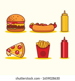 Common fast food, burguer, hot dog and  pizza