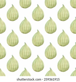 Common fig. Seamless watercolor pattern with figs on the white background, aquarelle. Vector illustration. Hand-drawn original fruit background. Useful for invitations, scrapbooking, design.