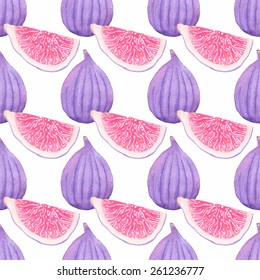Common fig. Seamless watercolor pattern with figs on the white background, aquarelle. Vector illustration. Hand-drawn original fruit background. Useful for invitations, scrapbooking, design.