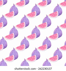 Common fig. Seamless watercolor pattern with figs on the white background, aquarelle. Vector illustration. Hand-drawn original fruit background. Real watercolor painting.