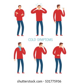 Common flu and cold symptoms set. Human illness and diseases. Cartoon editable illustration.