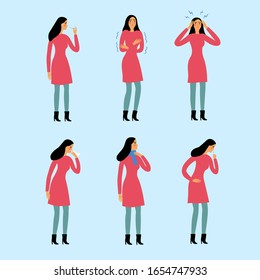 Common flu virus and cold symptoms set. Human illness and diseases. Cartoon woman. Editable illustration.