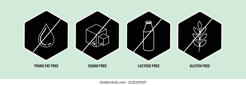common food allergens abstract. trans fat-free, sugar-free, lactose- free and gluten free vector  icons