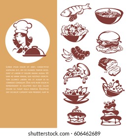 common food, beautiful chef and meal collection , fish, meat, soup, salad, dessert, for your menu