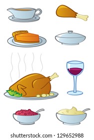 Common food and drink items found in the typical American Thanksgiving or Christmas dinner.