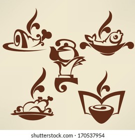 common food and everyday meal, vector collection of symbols and emblems on beige background