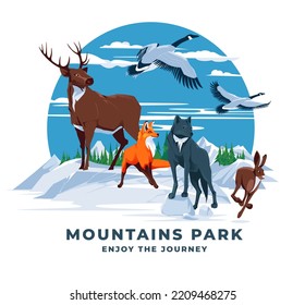 Common forest wild animals: hare, fox, wolf, deer, standing on the stones of the rock on the background of the landscape. National Natural Park. Vector flat illustration.