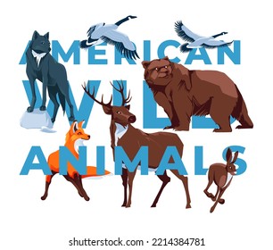 Animales silvestres comunes: liebre, zorro, lobo, ciervo, ganso de Canadá, oso de pie sobre fondo blanco. Parque Natural Nacional. Ilustración plana vectorial. Un conjunto de animales del continente americano.